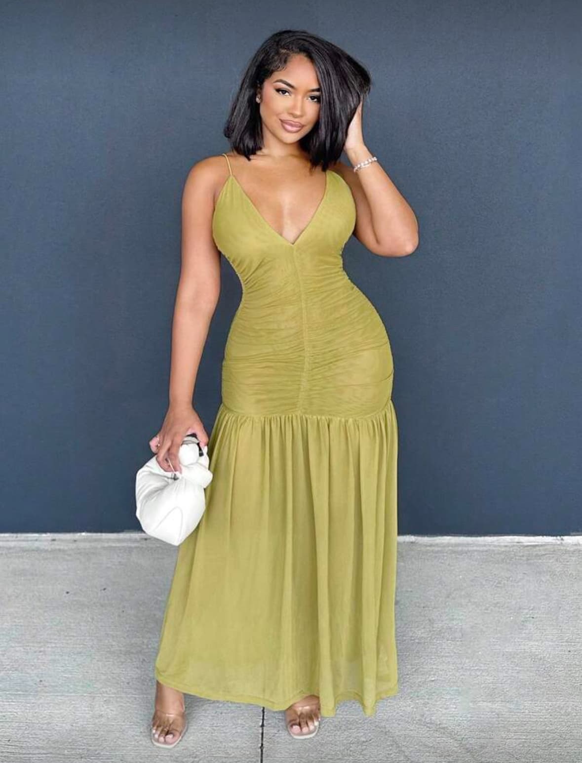 Ruched Front Drop Hem Dress