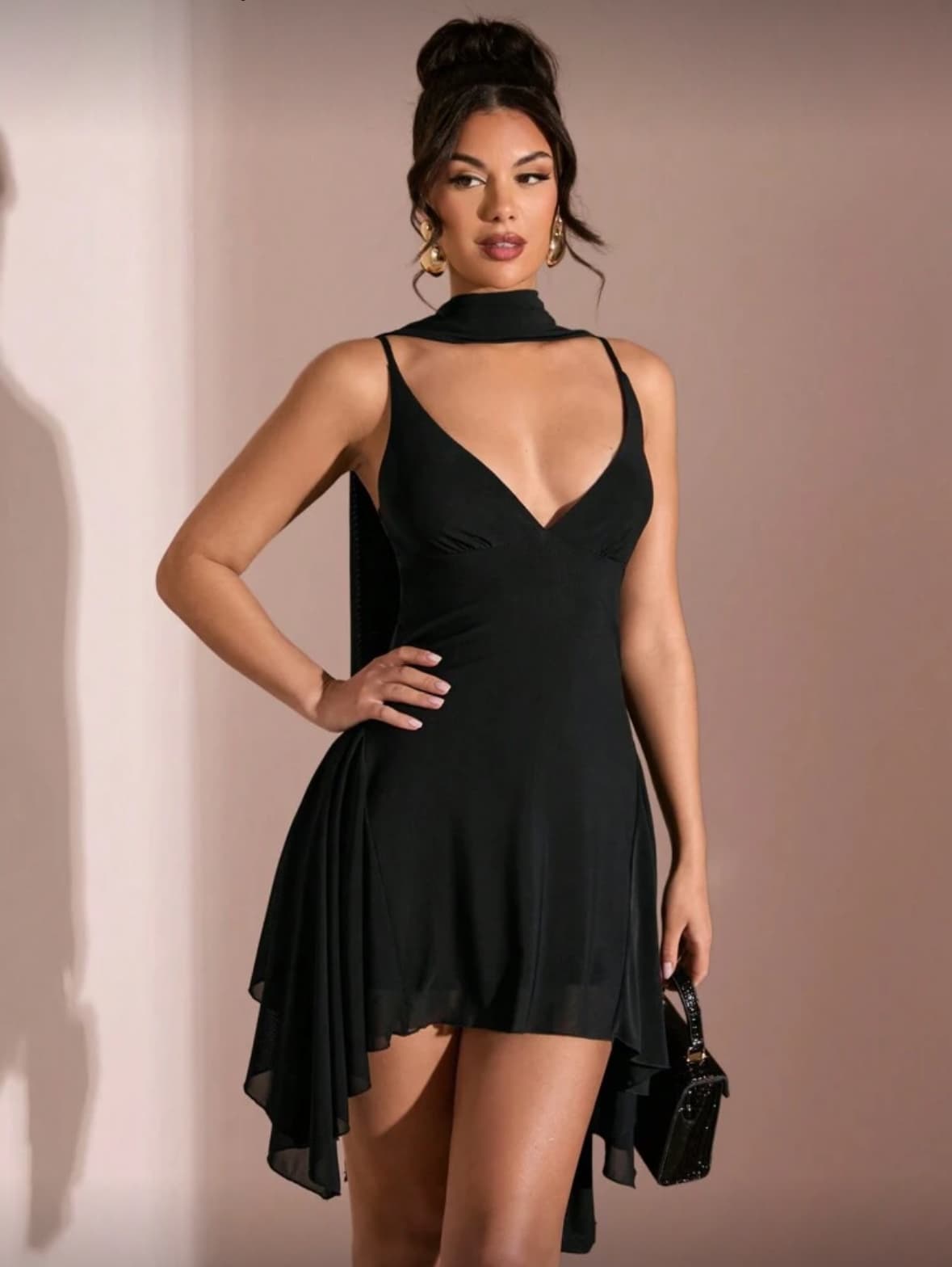 Black Deep V-Neck Ribbon Mini Dress