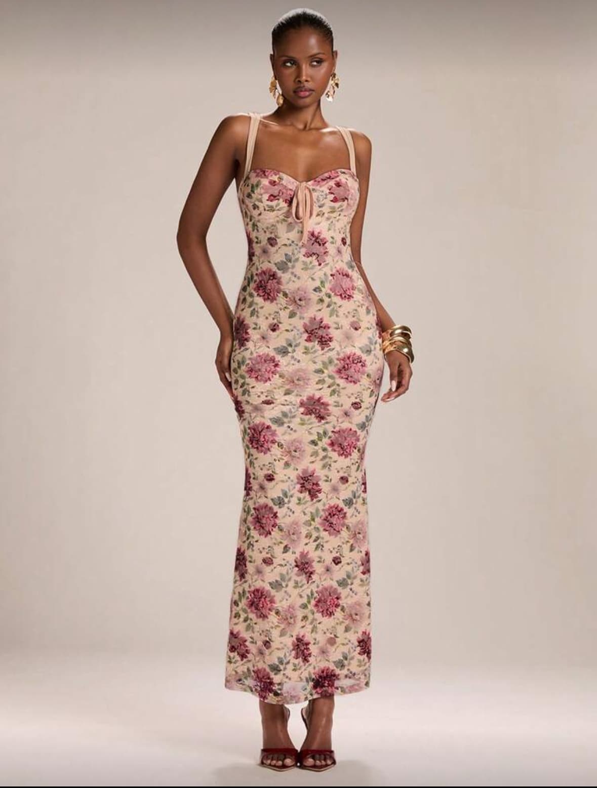 Red Floral Lace Camisole Bust Cup Divided Fishtail Hem Dress,.