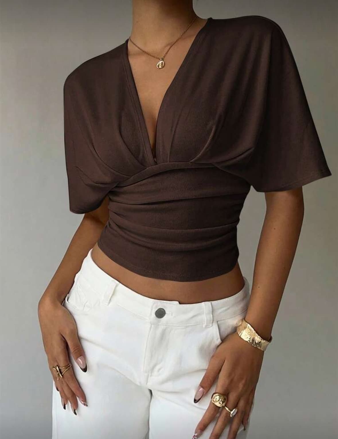 Casual Elegant Deep V Ruched Short Sleeve Top.
