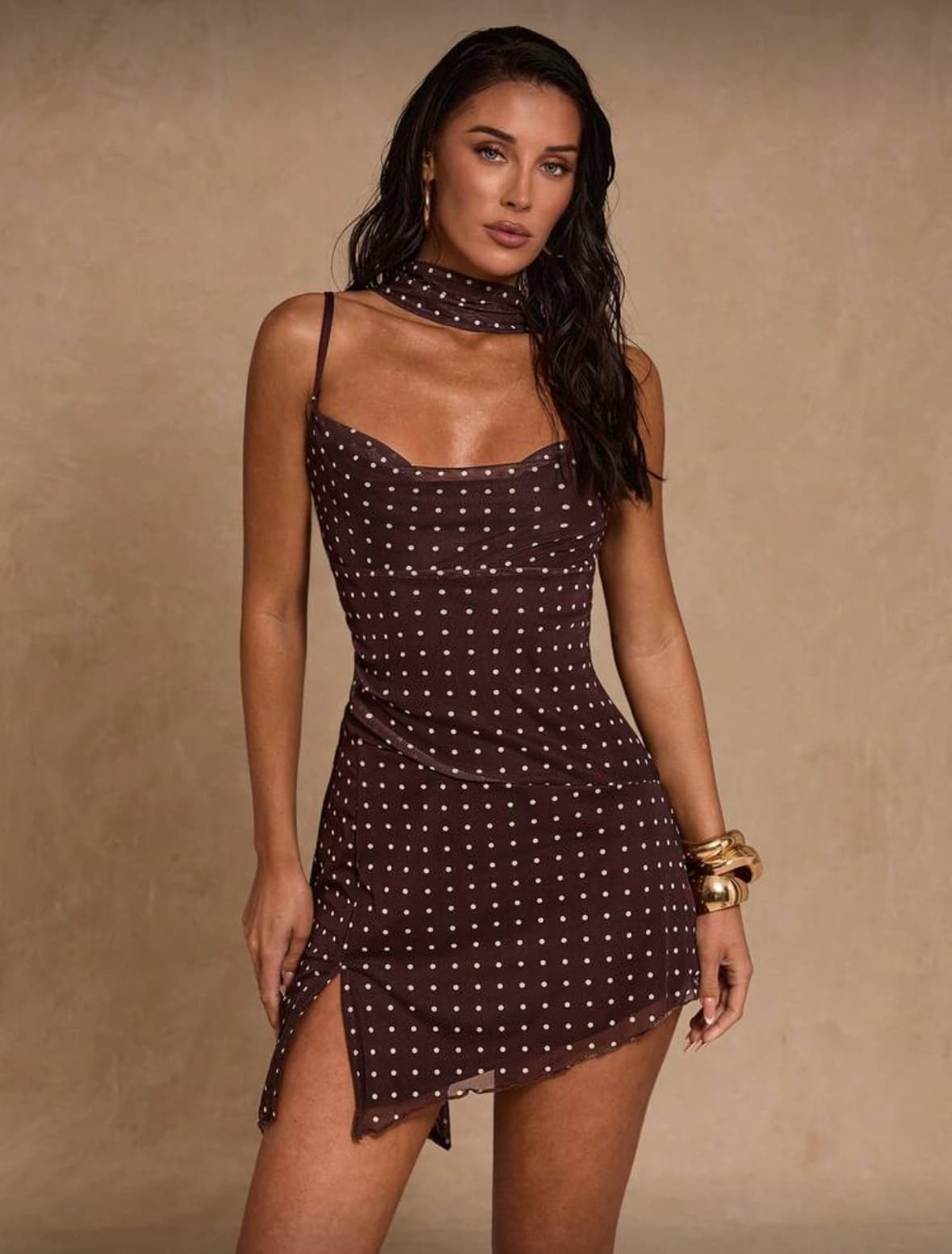 Brown Color Wave Point Backless Sleeveless Ruched Dress